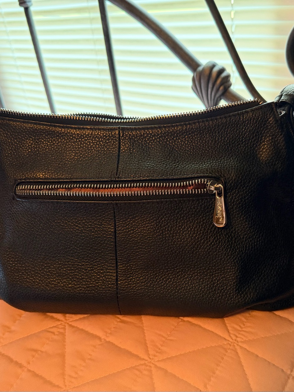 Black Pebbled Leather Shoulder Bag with Front Zip